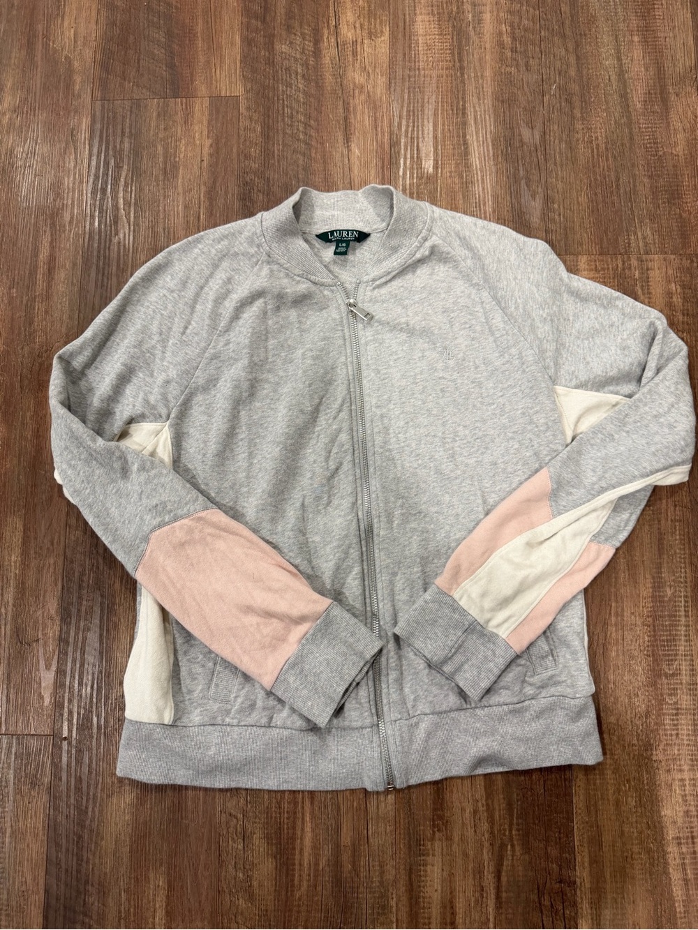Ralph Lauren Gray Bomber Jacket with Pink & Cream Sleeve Panels
